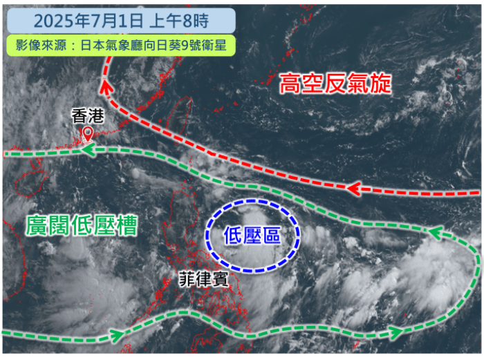 今早的衛星圖像顯示,南海至菲律賓一帶的廣闊低壓槽上對流活動十分旺盛。天文台網頁圖片 今早的衛星圖像顯示,南海至菲律賓一帶的廣闊低壓槽上對流活動十分旺盛。天文台網頁圖片