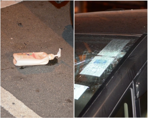圖右，七人車擋風玻璃爆裂；圖左，車旁發現一瓶損毀的沐浴露。