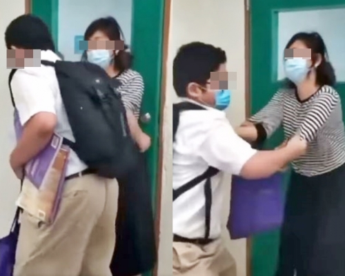 網傳一名中學生疑不滿被罰留堂，用力將女教師推倒在地上。影片截圖