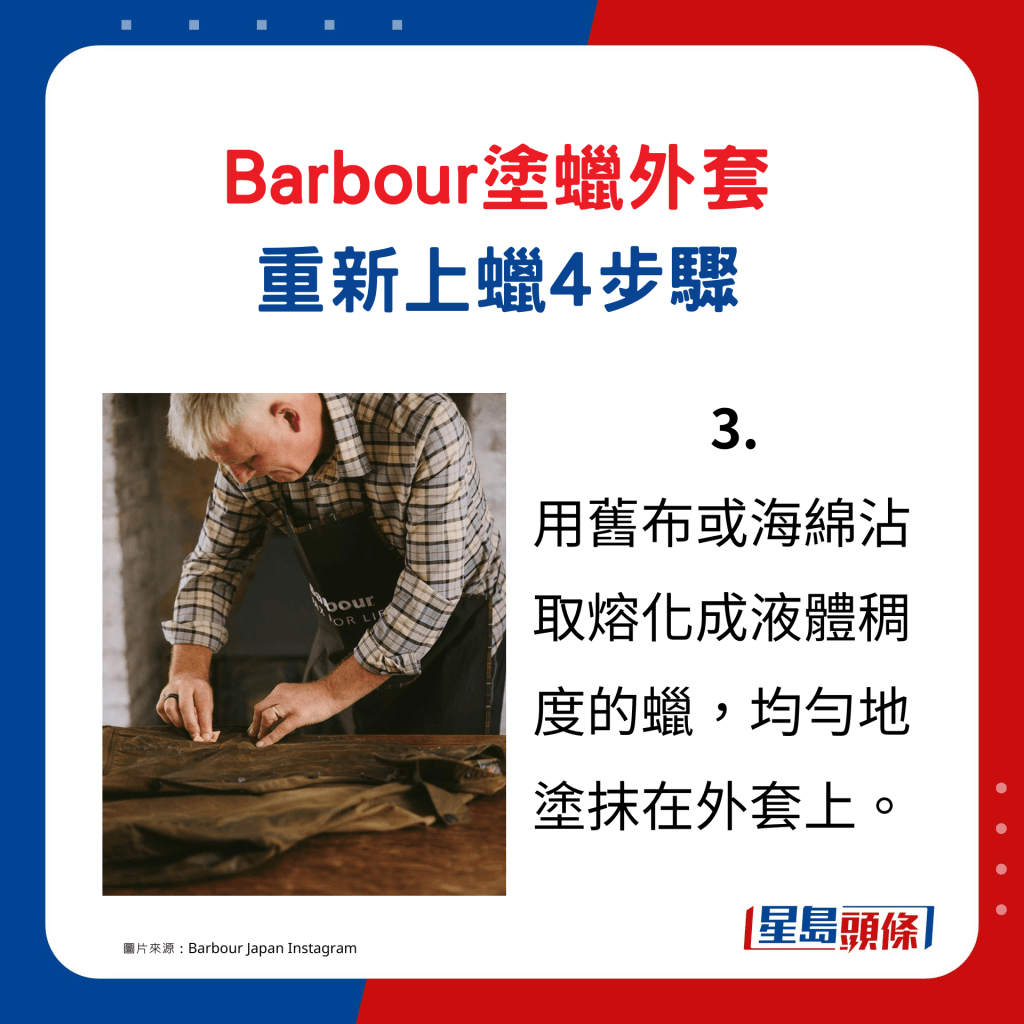 Barbour塗蠟外套重新上蠟4步驟3. 用舊布或海綿沾取熔化成液體稠度的蠟，均勻地塗抹在外套上。。（圖片來源：Barbour Japan Instagram）