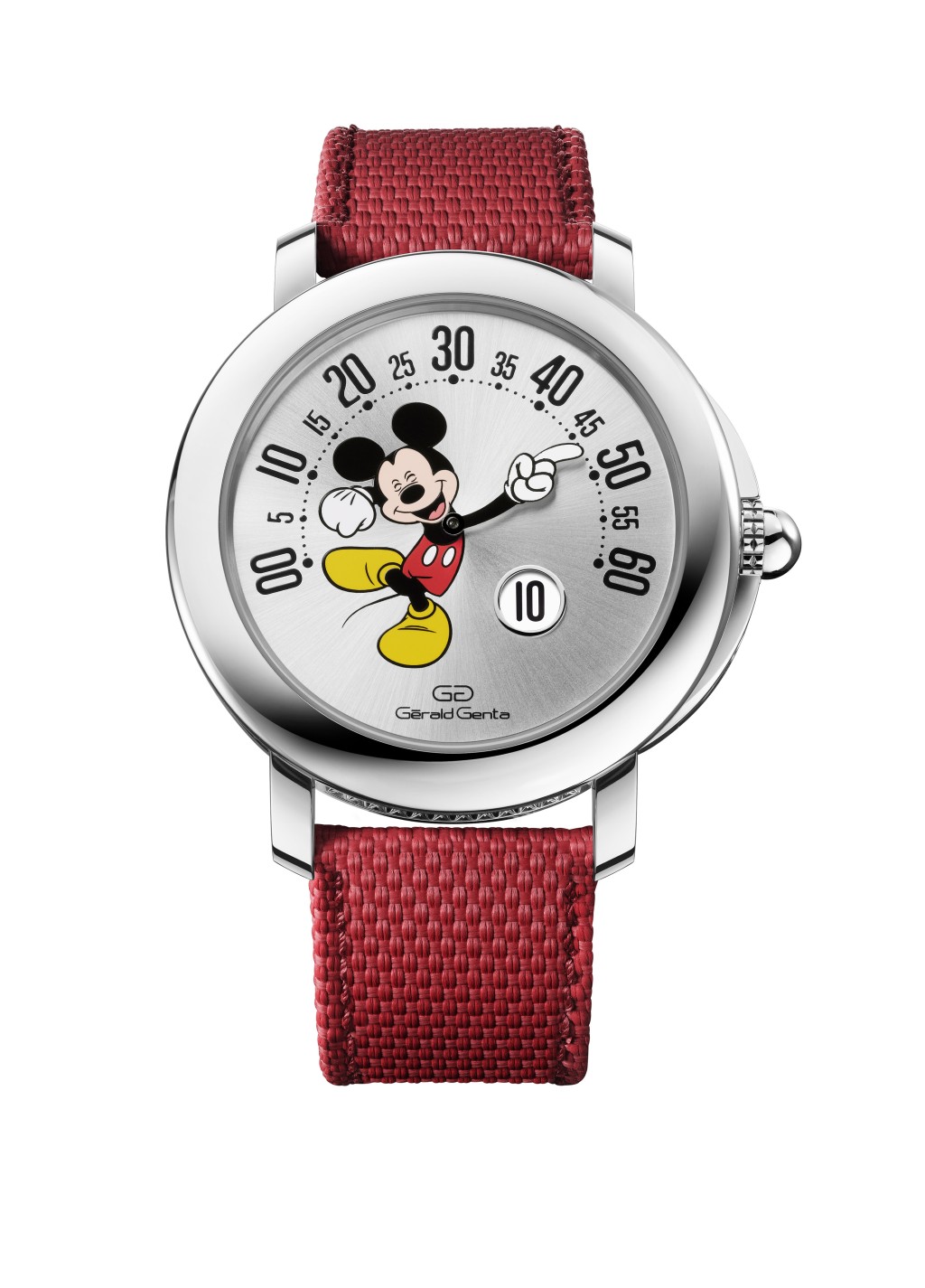 Gerald Genta今年复刻了经典的米奇老鼠表，手臂会以210度逆跳方式显示分钟，限量150枚，售16,500欧元。