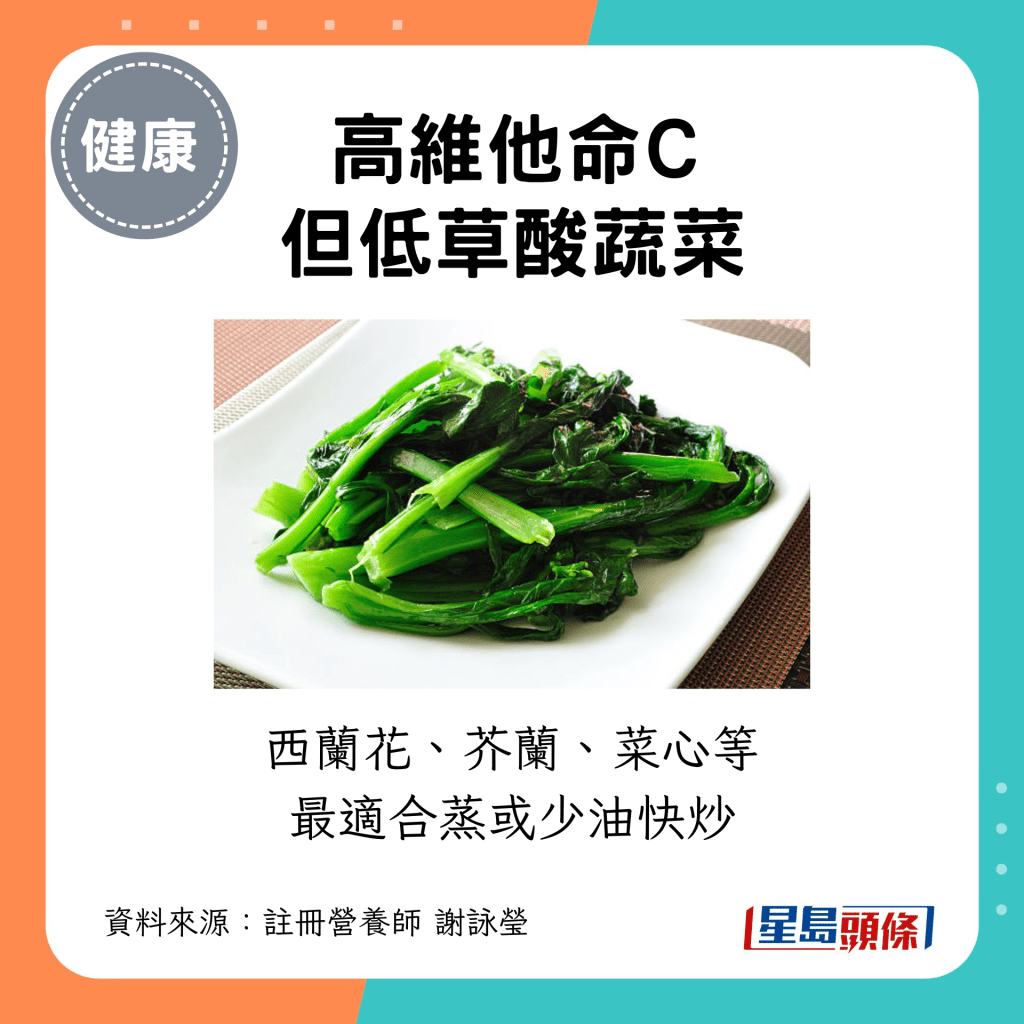 高维他命C但低草酸蔬菜如西兰花、芥兰、菜心等 最适合蒸或少油快炒 高维他命C但低草酸蔬菜如西兰花、芥兰、菜心等 最适合蒸或少油快炒