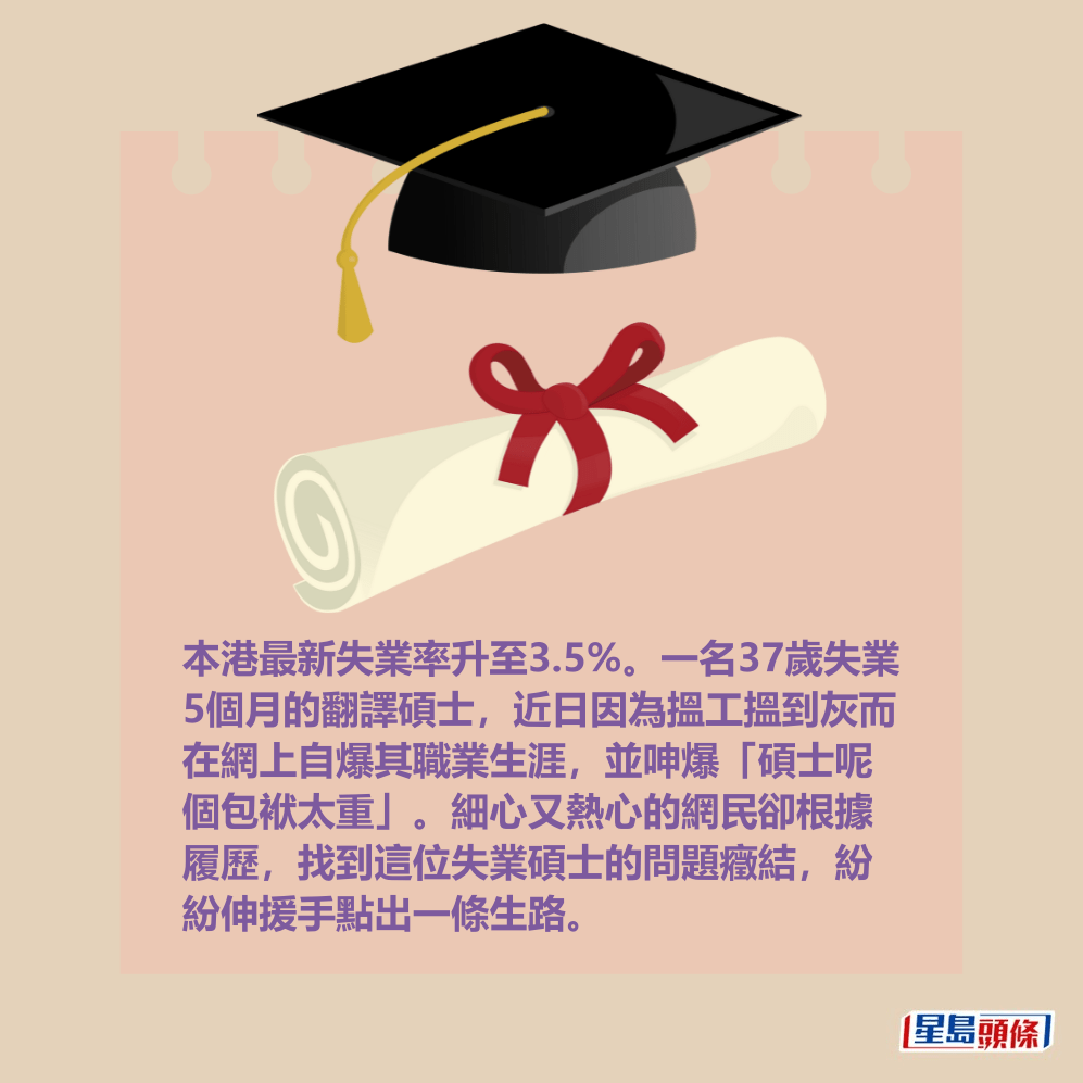本港最新失業率升至3.5%。一名37歲失業 5個月的翻譯碩士,近日因為搵工搵到灰而 在網上自爆其職業生涯,並呻爆「碩士呢 個包袱太重」。細心又熱心的網民卻根據 履歷,找到這位失業碩士的問題癥結,紛 紛伸援手點出一條生路。 本港最新失業率升至3.5%。一名37歲失業 5個月的翻譯碩士,近日因為搵工搵到灰而 在網上自爆其職業生涯,並呻爆「碩士呢 個包袱太重」。細心又熱心的網民卻根據 履歷,找到這位失業碩士的問題癥結,紛 紛伸援手點出一條生路。