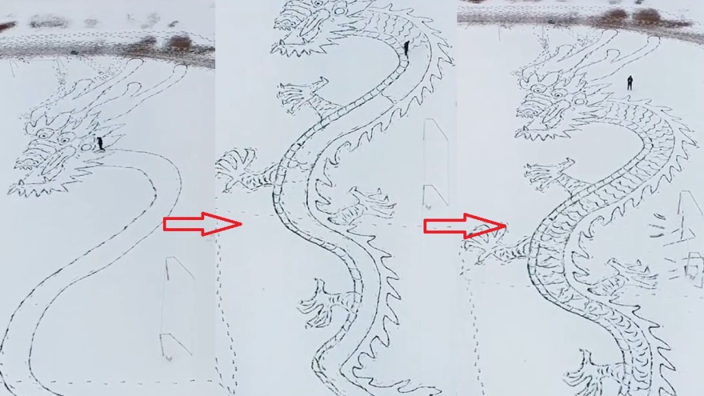 趙先生用了2小時在雪地腳畫出百米長巨龍。影片截圖