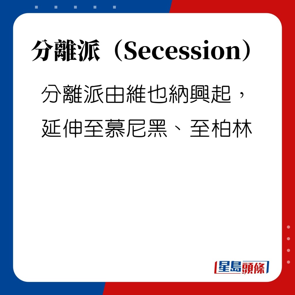 分離派由維也納興起，延伸至慕尼黑、至柏林