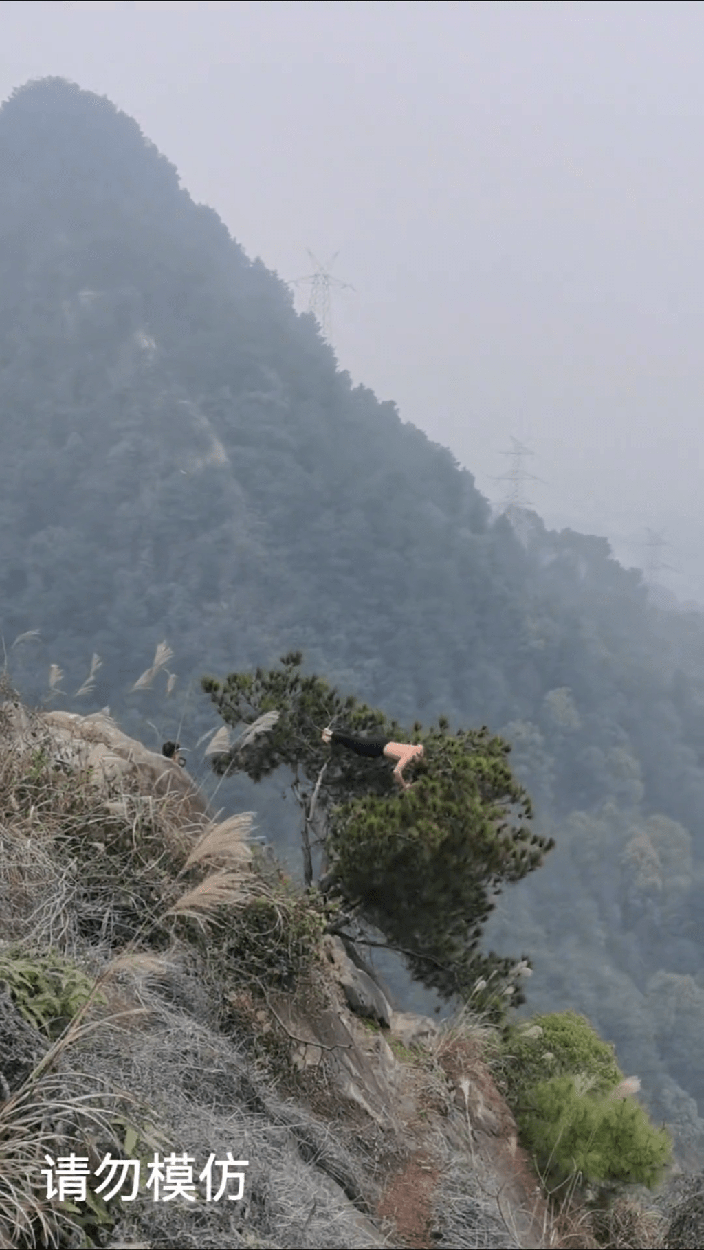重慶南山虛靈峰，赤膊男子峭壁樹上做「掌上壓」。