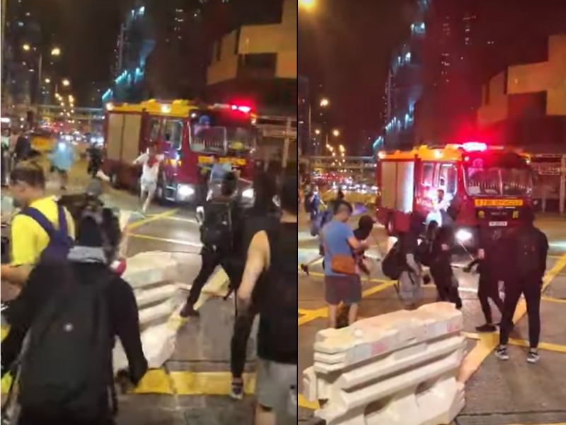 一名白衣男子被示威者襲擊,消防員無落車施救。網上截圖
