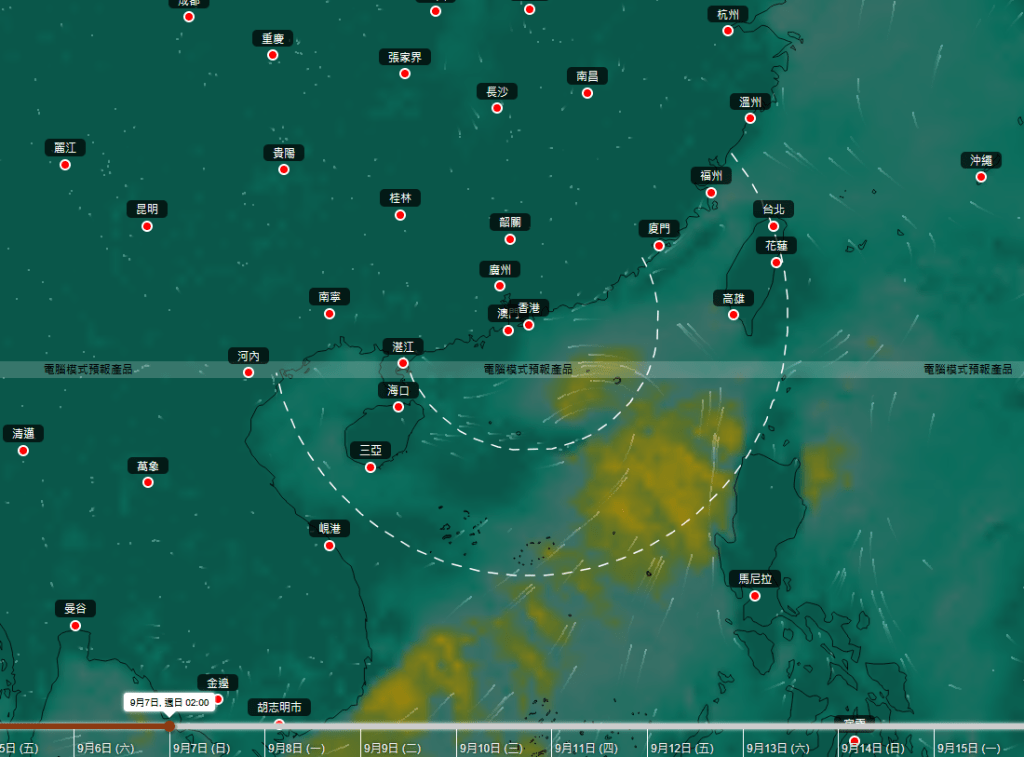 歐洲中期預報中心ECMWF9月7日凌晨對菲律賓以東海域廣闊低壓區的預測。天文台網站擷圖 歐洲中期預報中心ECMWF9月7日凌晨對菲律賓以東海域廣闊低壓區的預測。天文台網站擷圖