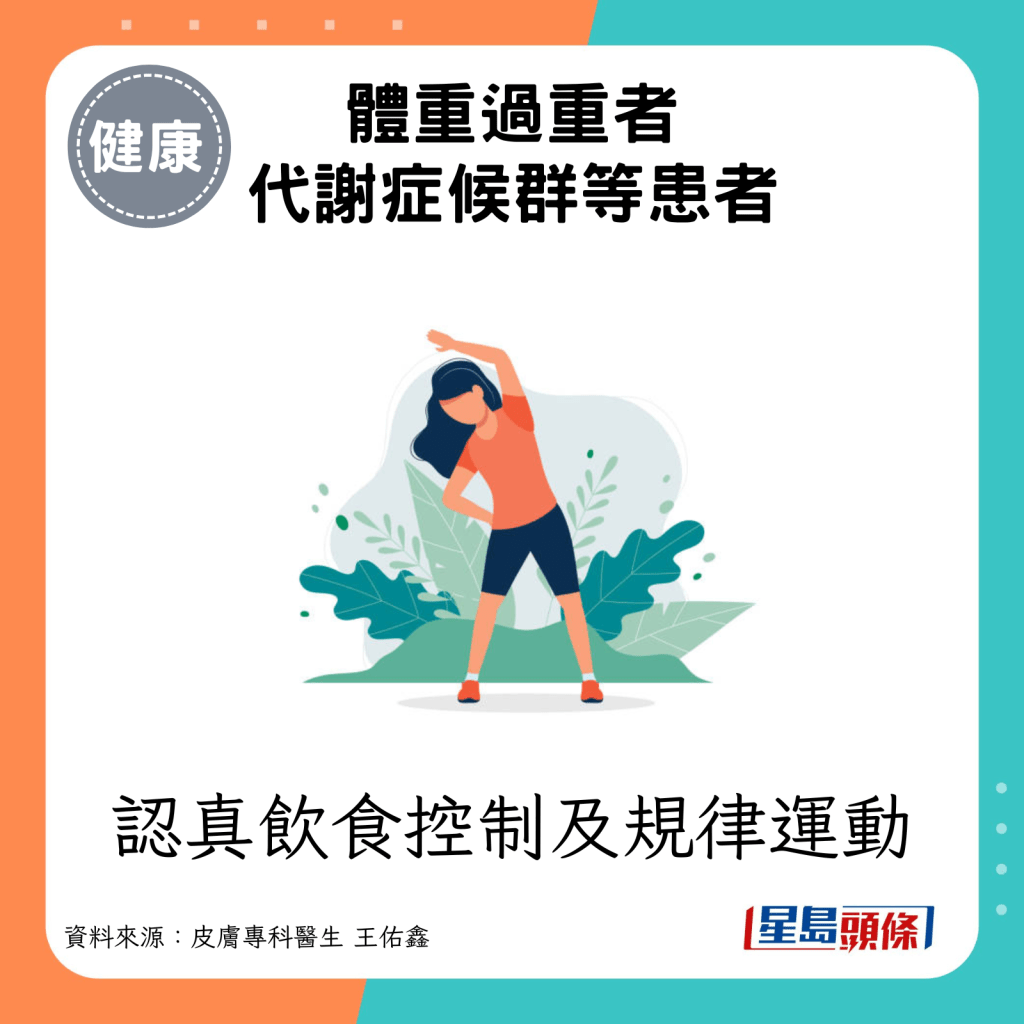 體重過重者、代謝症候群等患者：認真飲食控制及規律運動。