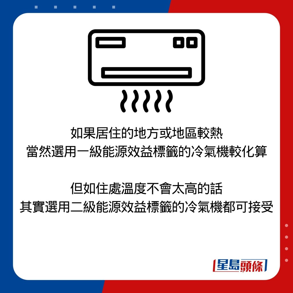 如果居住的地方或地區較熱 當然選用一級能源效益標籤的冷氣機較化算  但如住處溫度不會太高的話 其實選用二級能源效益標籤的冷氣機都可接受