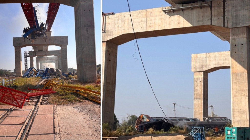 泰國一在建高鐵地盤，一部起重機高空墮下擊中行駛中火車。美聯社