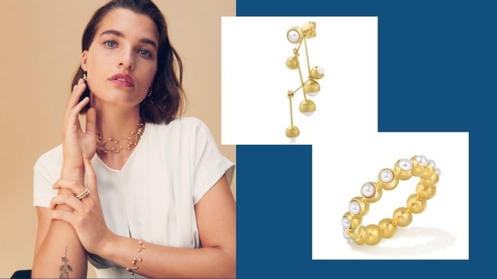 Bloom系列的稜角曲綫，配以圓潤柔和的珍珠，把兩種質感截然不同的材料風格融合。18K黃色黃金淡水珍珠單耳環/$3,900、18K黃色黃金淡水珍珠指環/$5,800。