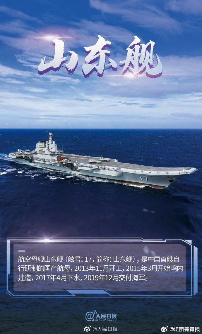 中国目前有三艘航母，其中一艘是山东舰。