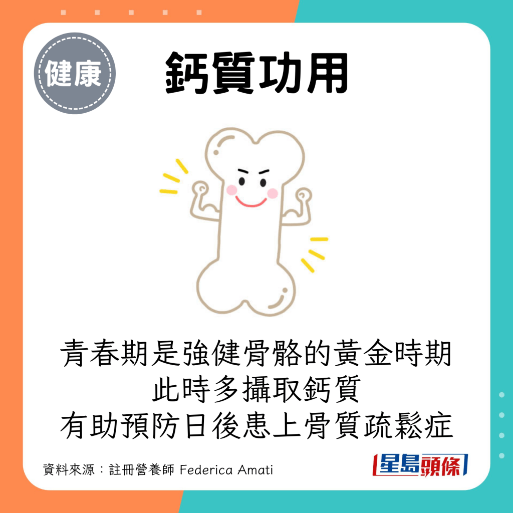 青春期就是强健骨骼的黄金时机，如果在这时期多透过摄取钙质，有助预防日后患上骨质疏松症的风险。