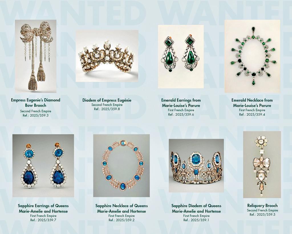 國際刑警提供羅浮宮被盜8件珠寶的圖片。