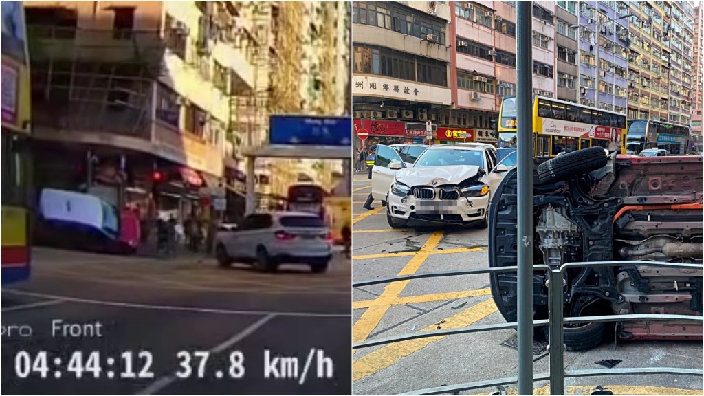 車Cam直擊｜深水埗寶馬衝燈 的士攔腰捱撞翻側 險波及等燈途人