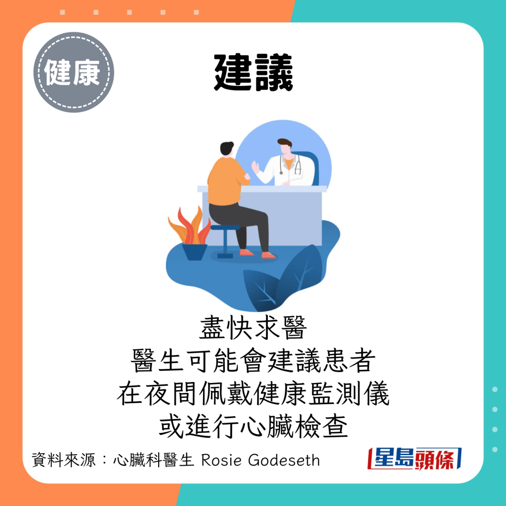 建议：尽快求医，医生可能会建议患者在夜间佩戴健康监测仪，或进行心脏检查。