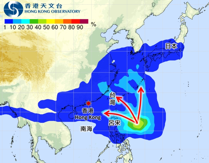 热带气旋路径概率预报显示吕宋附近海域可能有热带气旋发展，而随后动向存在分歧。天文台图片