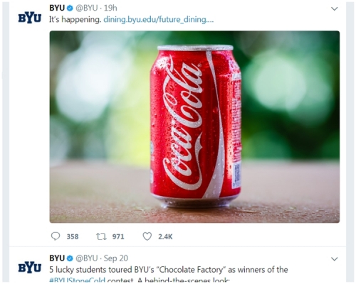 楊百翰大學周四在
Twitter 貼了一張罐裝可樂照片。
BYU twitter 圖片