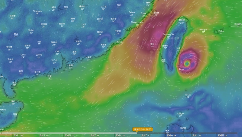 欧洲中期天气预报中心（ECMWF）模式预测，一个热带系统周六前后趋向台湾南部。Windy截图