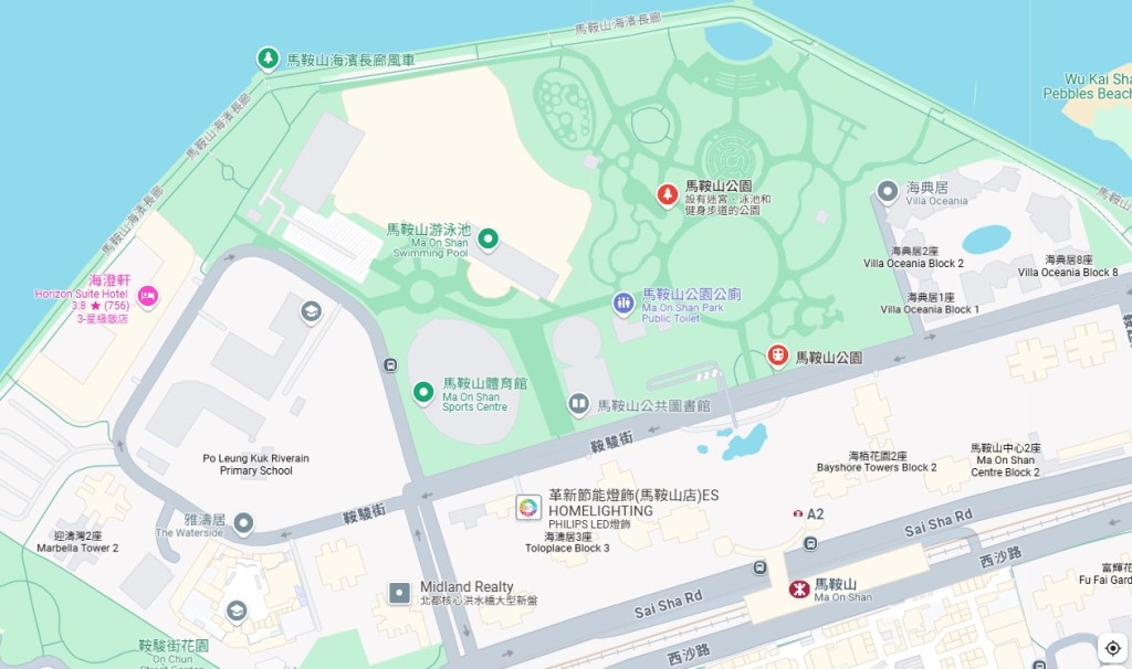 馬鞍山公園鄰近港鐵屯馬線馬鞍山站。Google地圖截圖