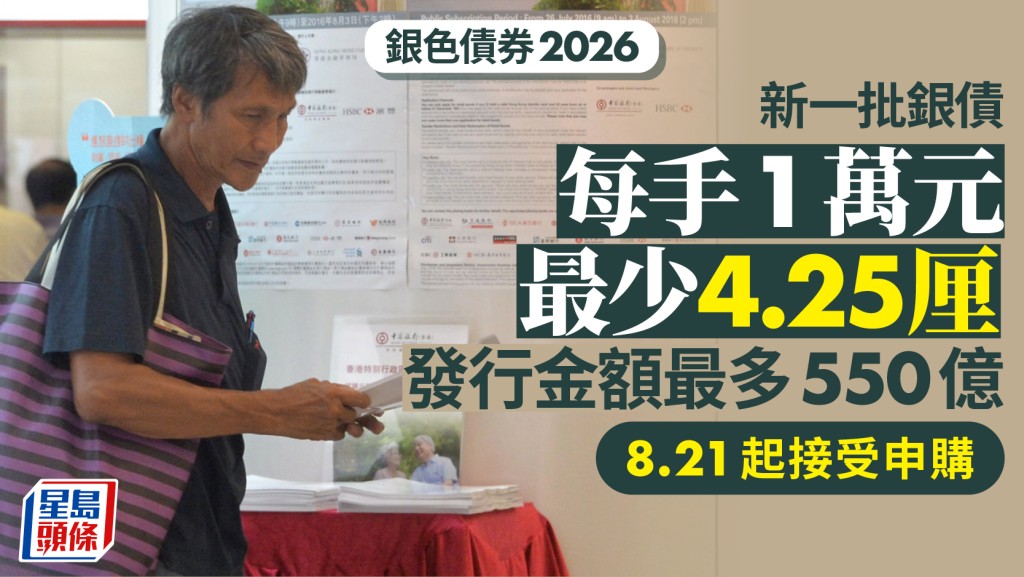 银色债券2026｜新一批银债每手1万元 最少4.25厘 8.21起可申购 发行金额最多550亿