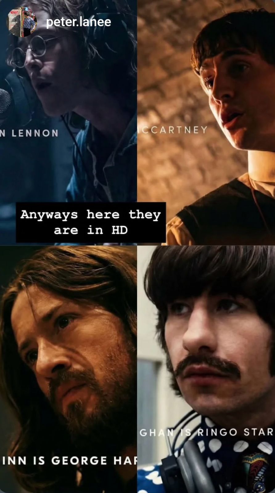 Harris扮約翰連儂、保羅麥斯卡扮保羅麥卡尼、Joseph扮演佐治夏里遜、Barry飾演靈高史達。