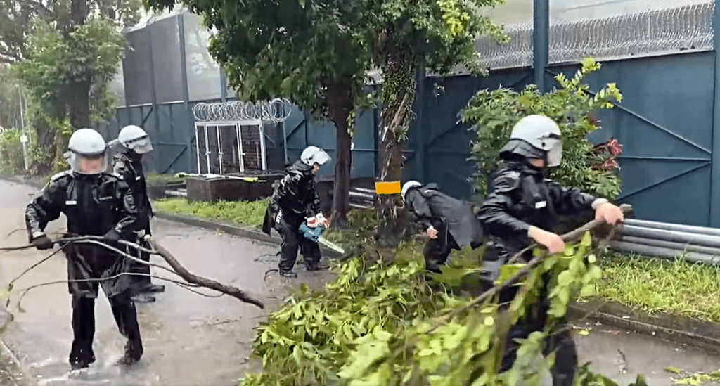 懲教人員颱風下清理塌樹。fb：香港懲教署