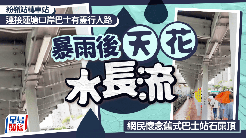 粉嶺站轉車站 連接蓮塘口岸巴士有蓋行人路 暴雨後天花水長流 網民懷念舊式巴士站石屎頂