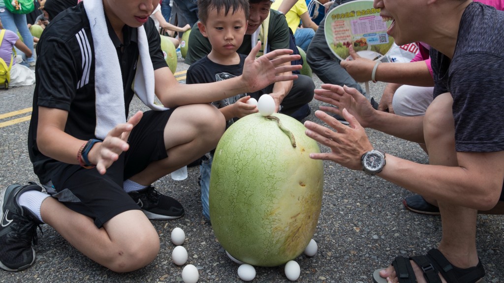 台灣人端午食品除了糭子還有西瓜。圖為2020年民眾在台北市中心參加「立西瓜」比賽。 新華社 台灣人端午食品除了糭子還有西瓜。圖為2020年民眾在台北市中心參加「立西瓜」比賽。 新華社