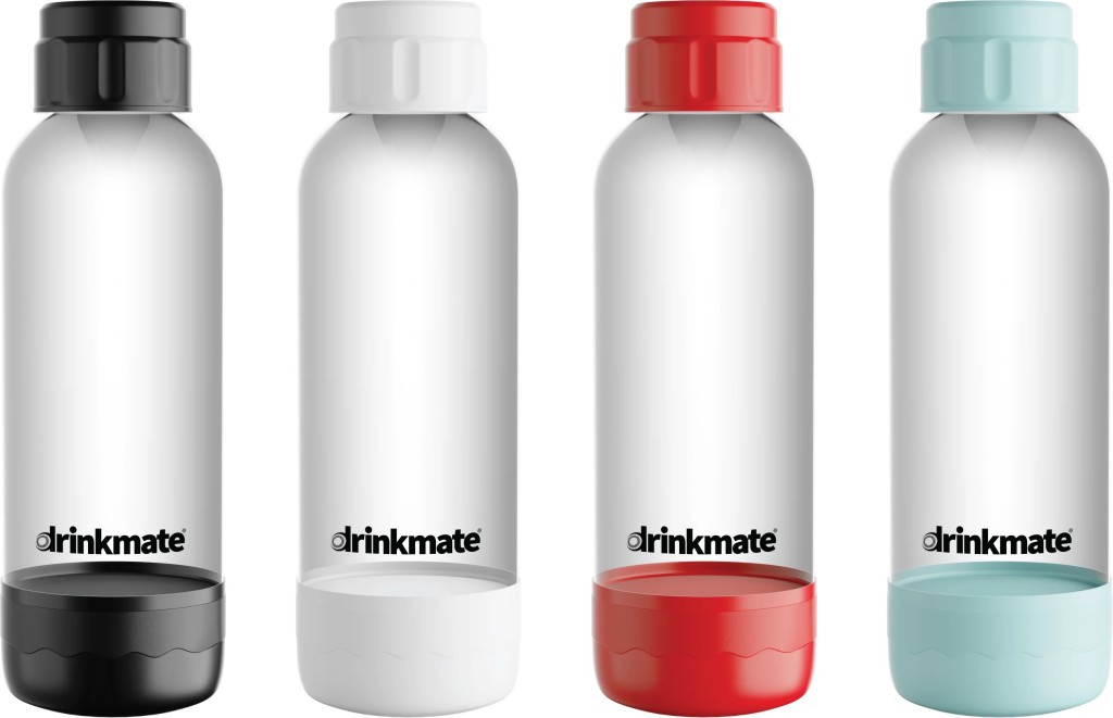 Drinkmate回收黑、白、紅、藍4色1公升水瓶。  DrinkmateUSA