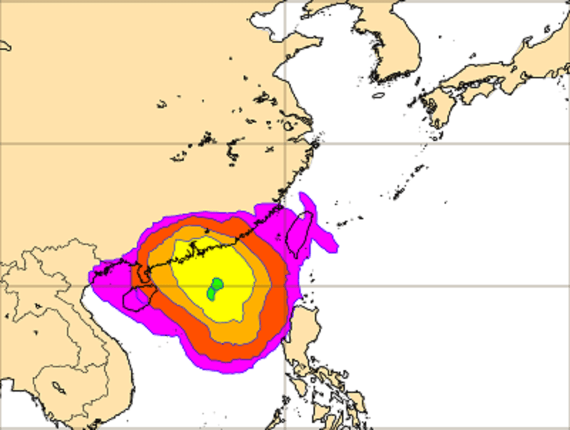 概率圖可見7月2日廣東沿岸預計有3至4成機會，有熱帶風暴級數或以上的熱帶氣旋出現。