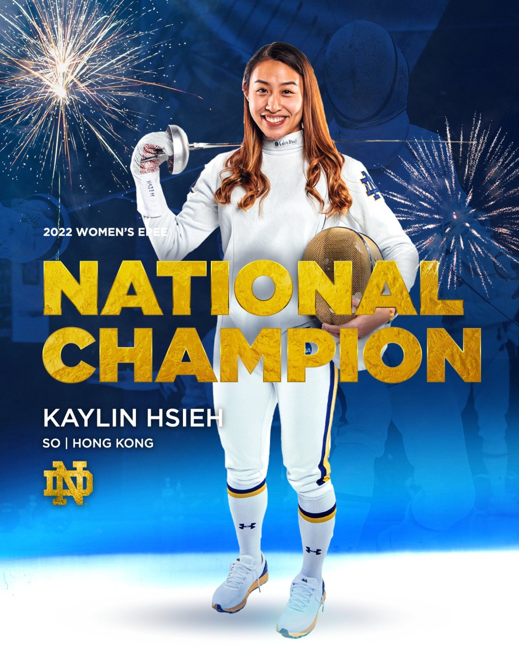 佘繕妡代表聖母大學出戰NCAA劍擊賽，成功於女重個人賽封后。聖母大學Twitter圖片