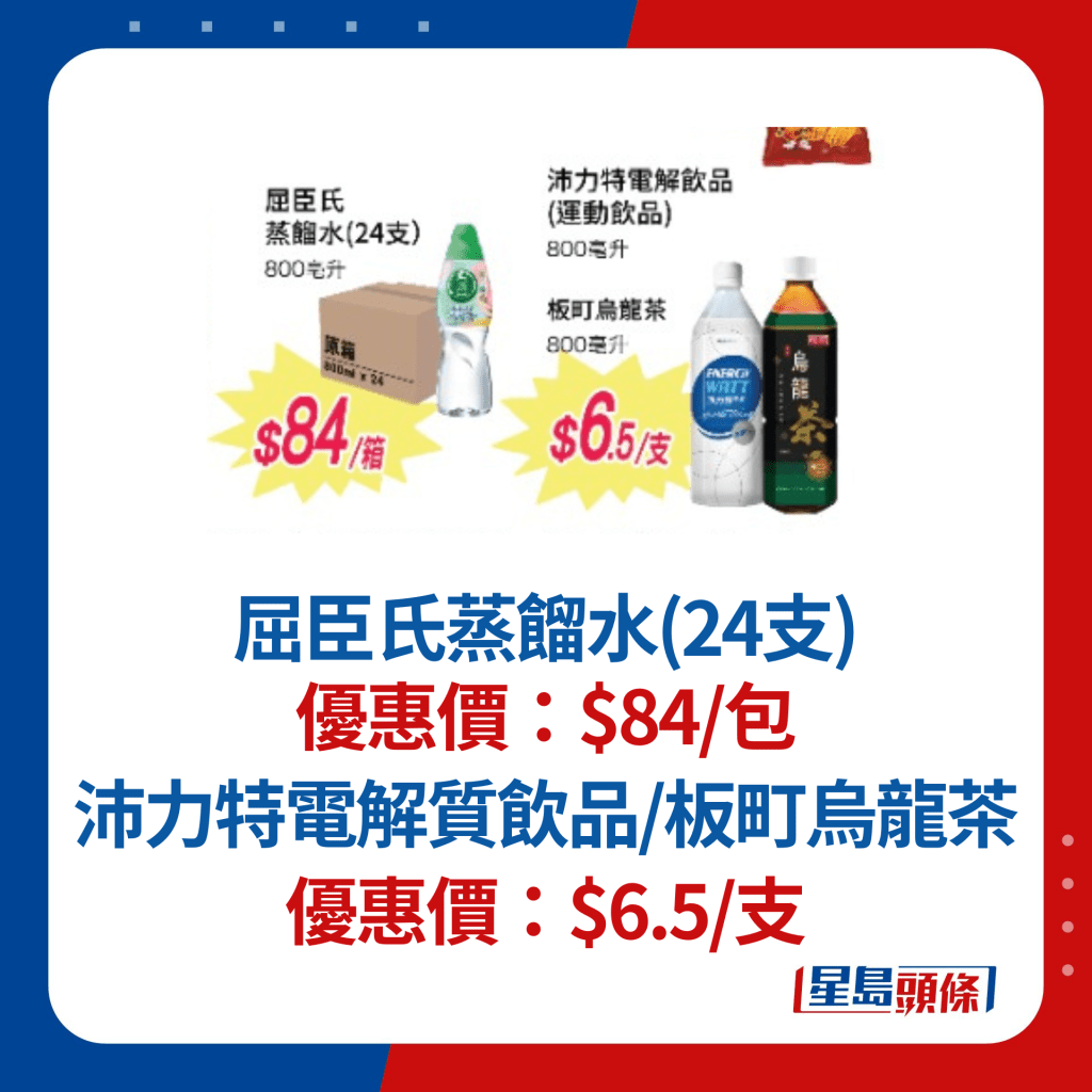 屈臣氏蒸餾水（24支）$84/包；沛力特電解質飲品/板町烏龍茶$6.5/支