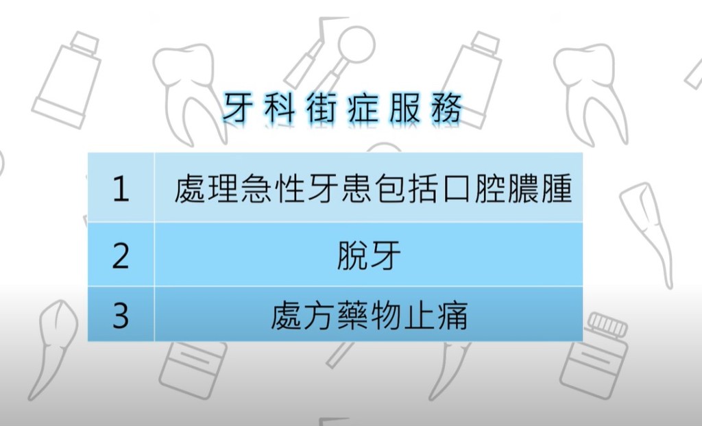 牙科街症服務，服務範圍包括處方止痛、脫牙或處理其他緊急狀況。衞生署影片截圖