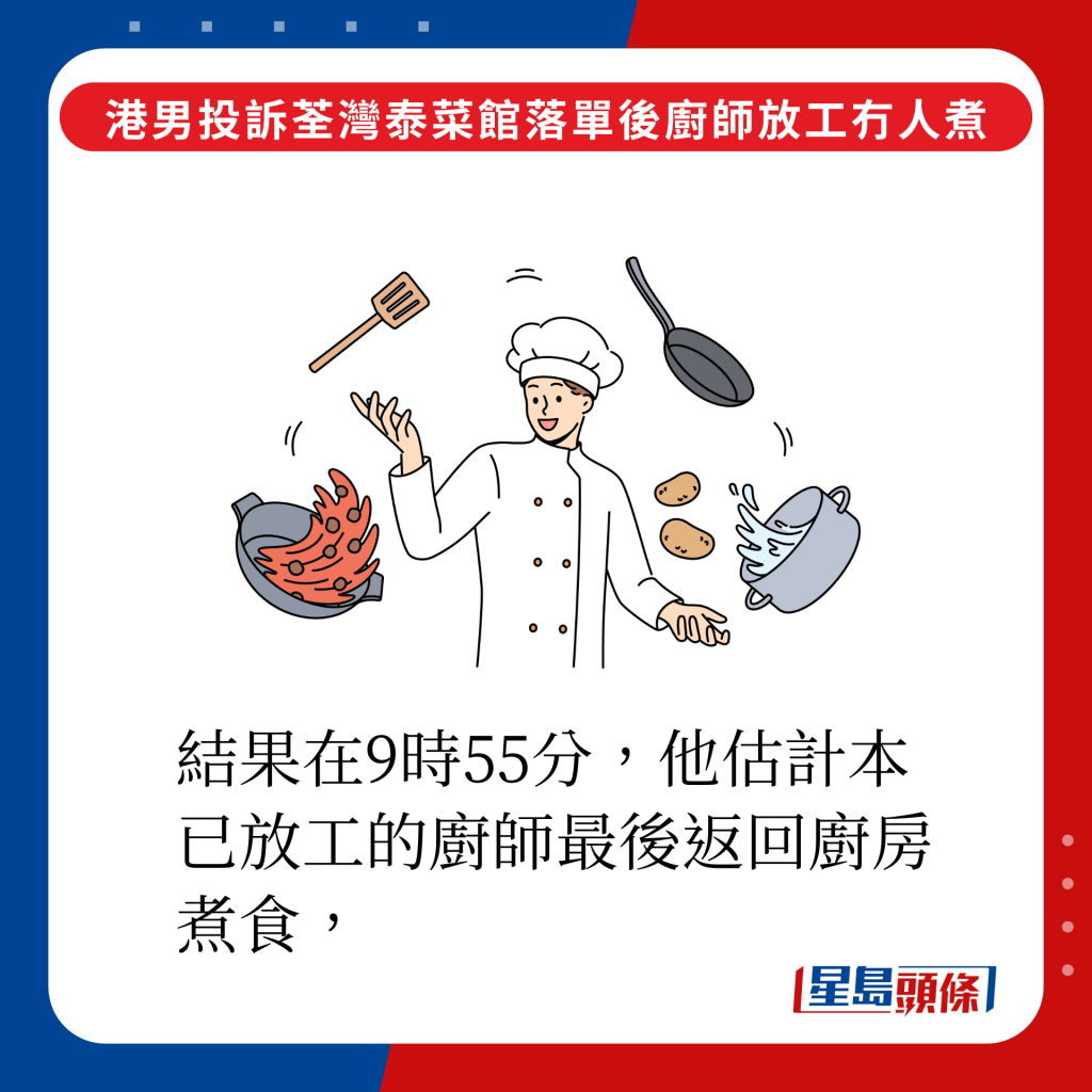 结果在9时55分，他估计本已放工的厨师最后返回厨房煮食，