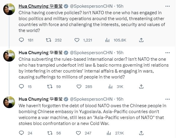 華春瑩提到南斯拉夫事件，指中國沒有忘記北約「欠下中國人民的血債」。  華春瑩Twitter截圖