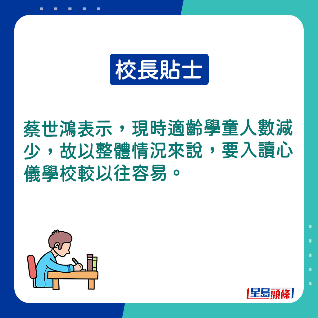 蔡世鸿表示，现时适龄学童人数减少。