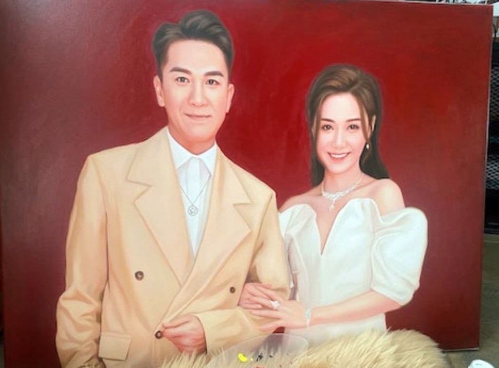 Chris畫馬國明、湯洛雯結婚油畫。