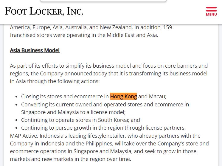 Foot Locker宣布調整亞洲業務。Foot Locker官網