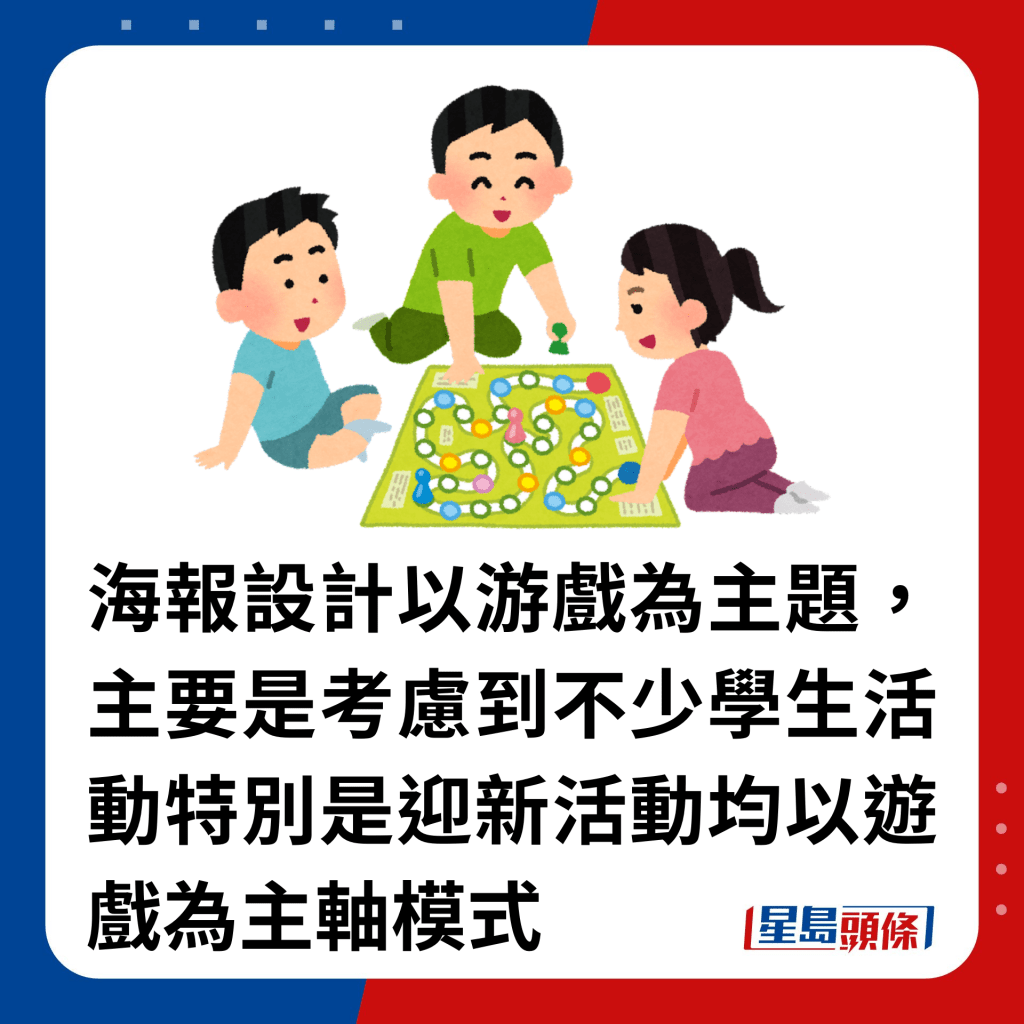 海報設計以游戲為主題，主要是考慮到不少學生活動特別是迎新活動均以遊戲為主軸模式