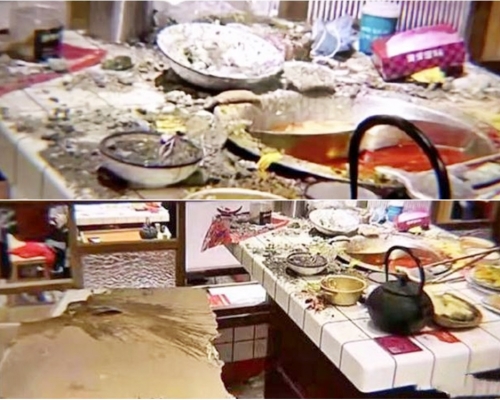 火鍋店的天花板突然倒塌壓傷顧客。網圖
