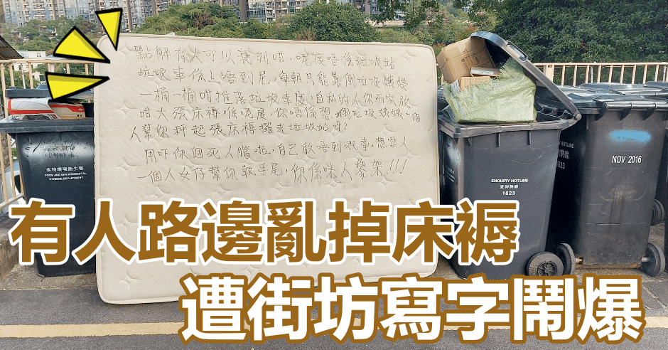 大埔有人路邊亂掉床褥，遭街坊寫字鬧爆。FB圖片