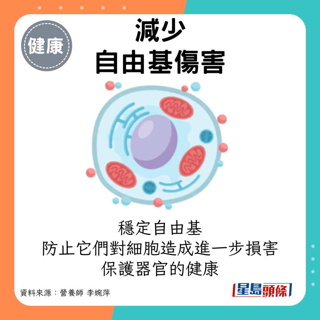 減少自由基傷害：維他命E能夠穩定自由基，防止它們對細胞造成進一步損害，從而保護器官的健康。