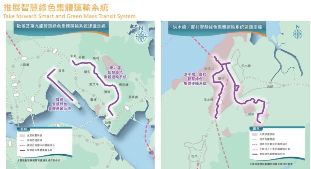 東九龍線以及啟德捷運等兩個採用智慧綠色集體系統的交通基建。香港主要運輸基建發展藍圖截圖