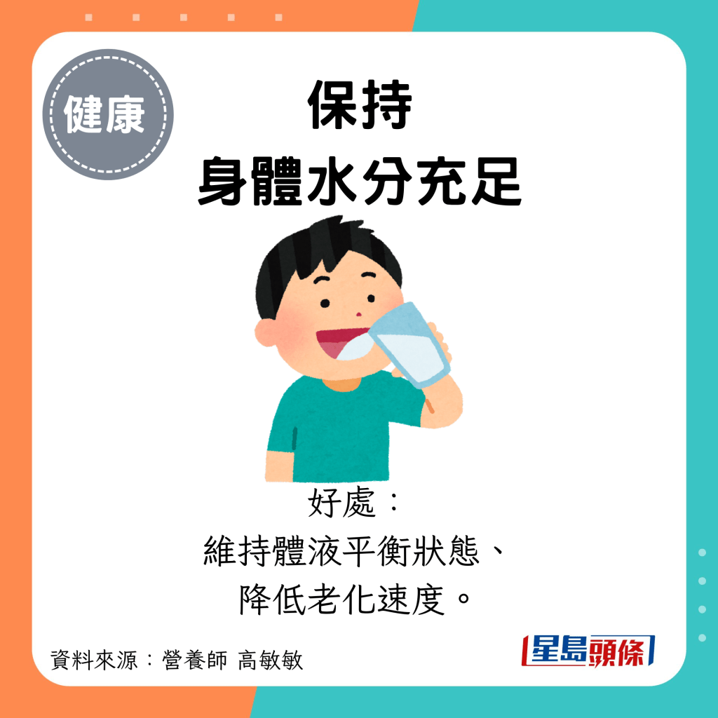 保持 身体水分充足：好处： 维持体液平衡状态、 降低老化速度。