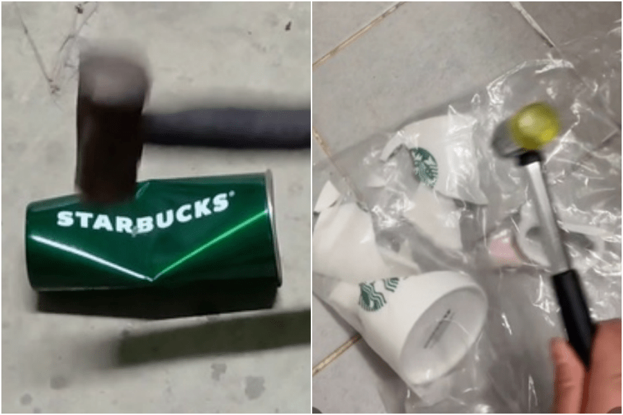 有网民砸毁星巴克杯子拍片泄愤。X图片