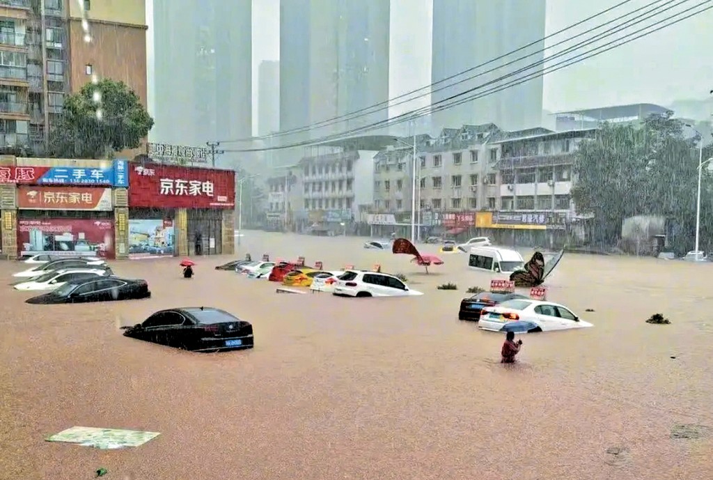 重慶高新農業產業大道，多架汽車被淹沒。