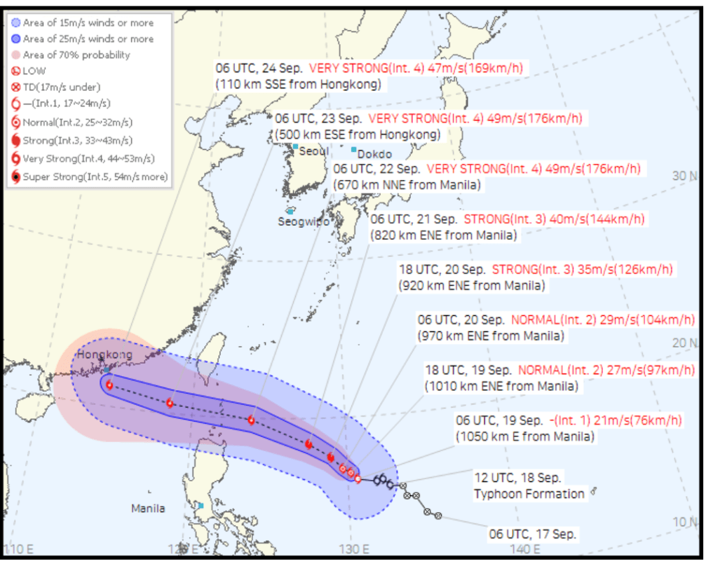 韓國氣象廳預計樺加沙會以超強颱風吹襲本港。韓國氣象廳網頁截圖 韓國氣象廳預計樺加沙會以超強颱風吹襲本港。韓國氣象廳網頁截圖