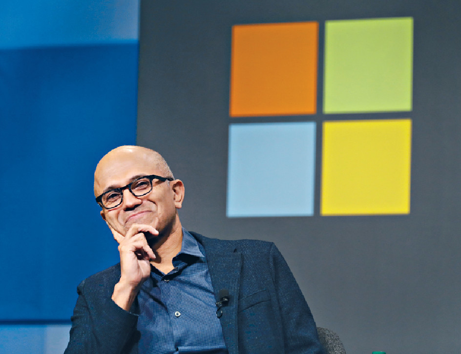■薩蒂亞．納德拉接任微軟行政總裁後，不斷強調以「行動為先、雲端為先」，帶領公司再創高峰。資料圖片